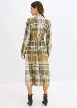 bonprix Bekleidung·Pullover & Strickjacken|Kleider^Midikleid mit Schluppe mattoliv/dunkeloliv/wollweiß kariert