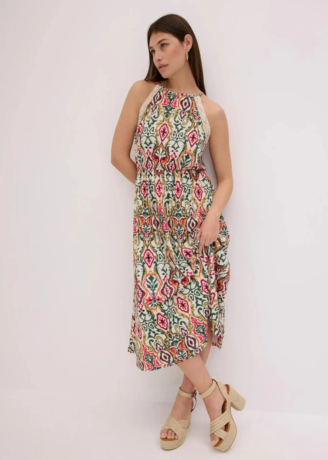 bonprix Bekleidung·Pullover & Strickjacken|Kleider^Midikleid mit Spitze creme/grün/pink