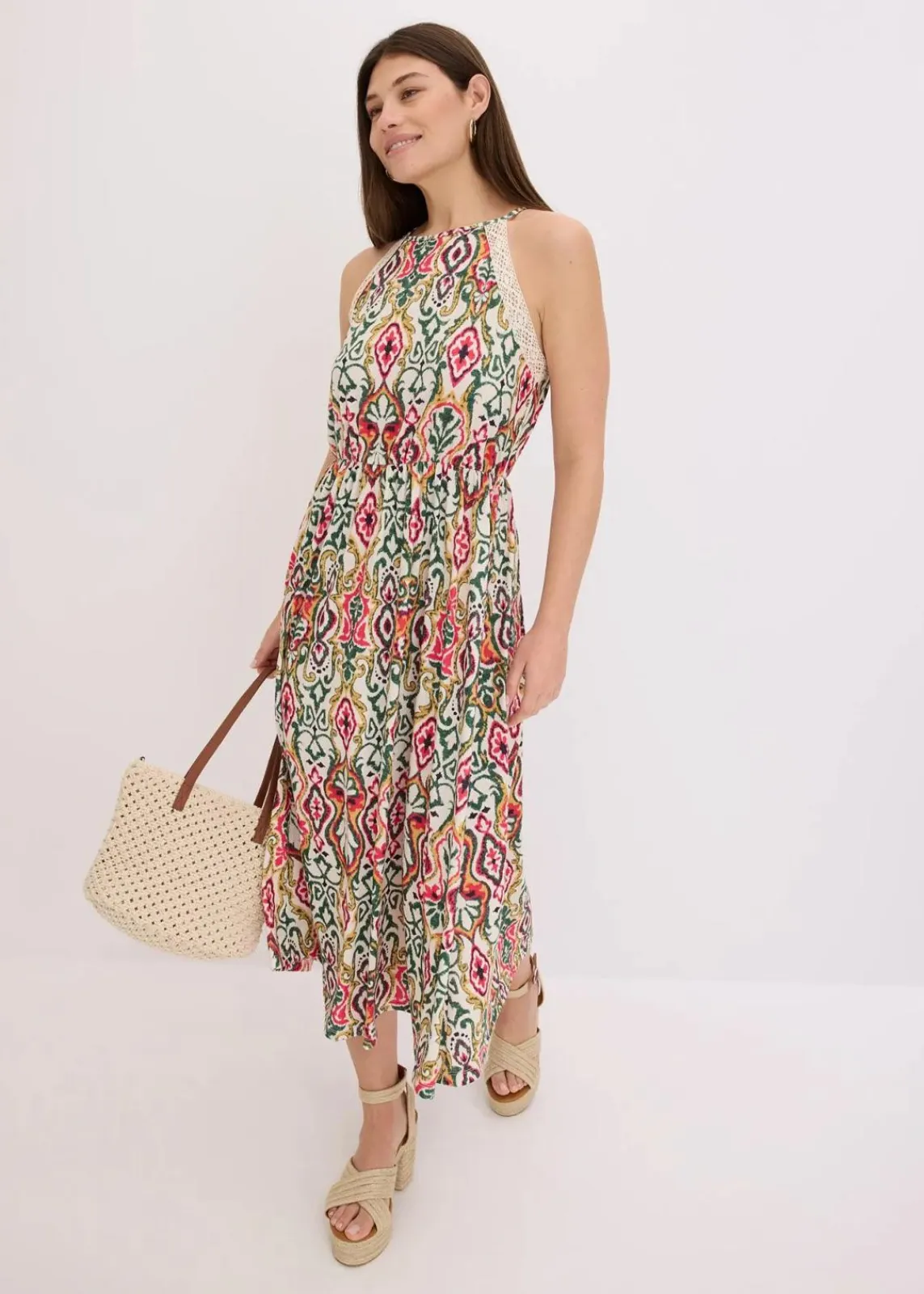 bonprix Bekleidung·Pullover & Strickjacken|Kleider^Midikleid mit Spitze creme/grün/pink