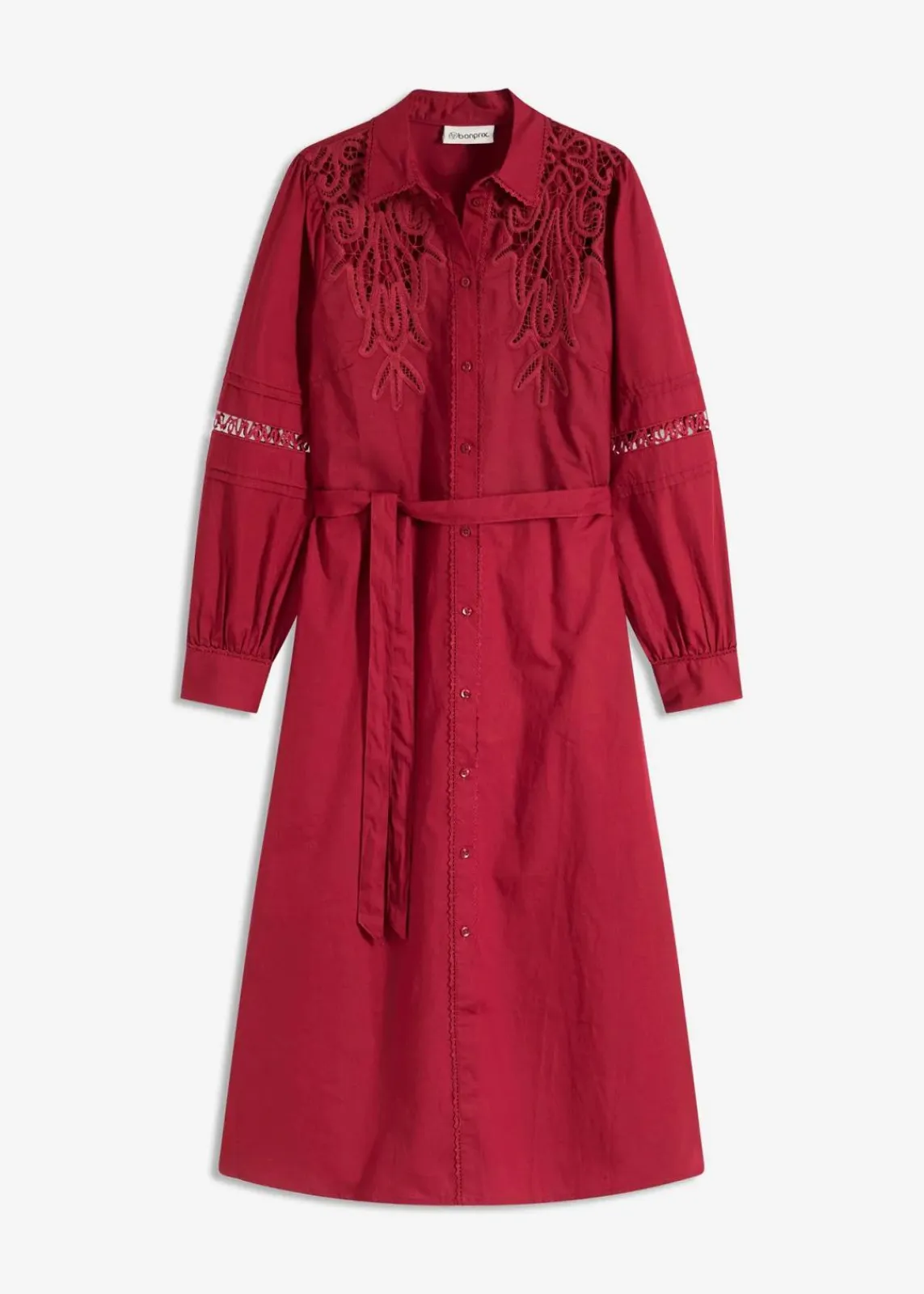 bonprix Kleider^Midikleid mit Spitzeneinsatz aus Baumwolle pflaumenrot