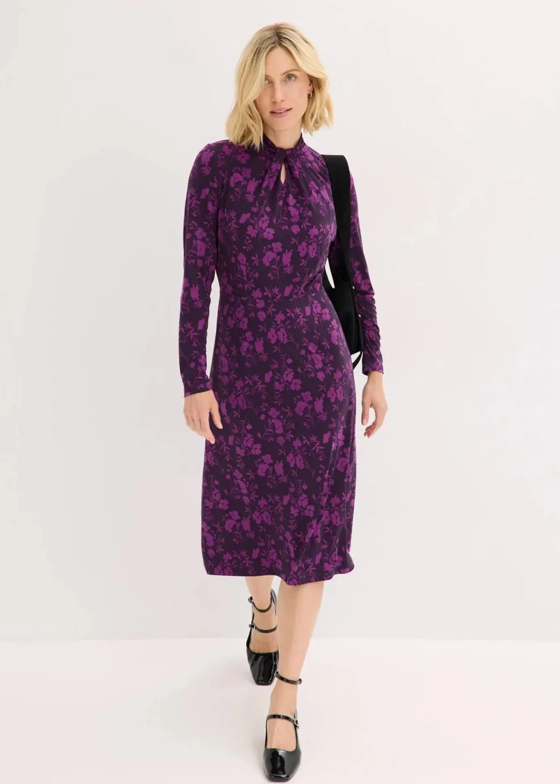 bonprix Kleider|Bekleidung·Pullover & Strickjacken^Midikleid mit Stehkragen dunkellila/pfingstrose geblümt