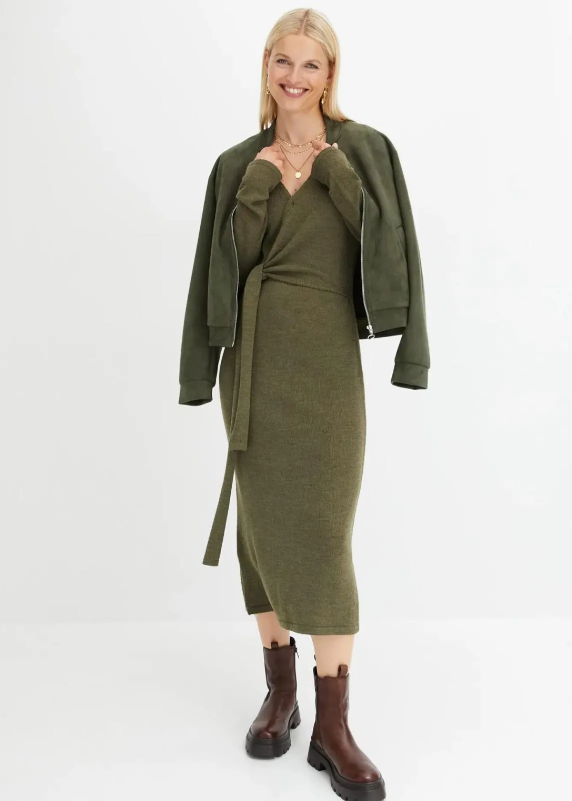 bonprix Bekleidung·Umstandsmode|Bekleidung·Pullover & Strickjacken^Midi-Strickkleid dunkeloliv meliert