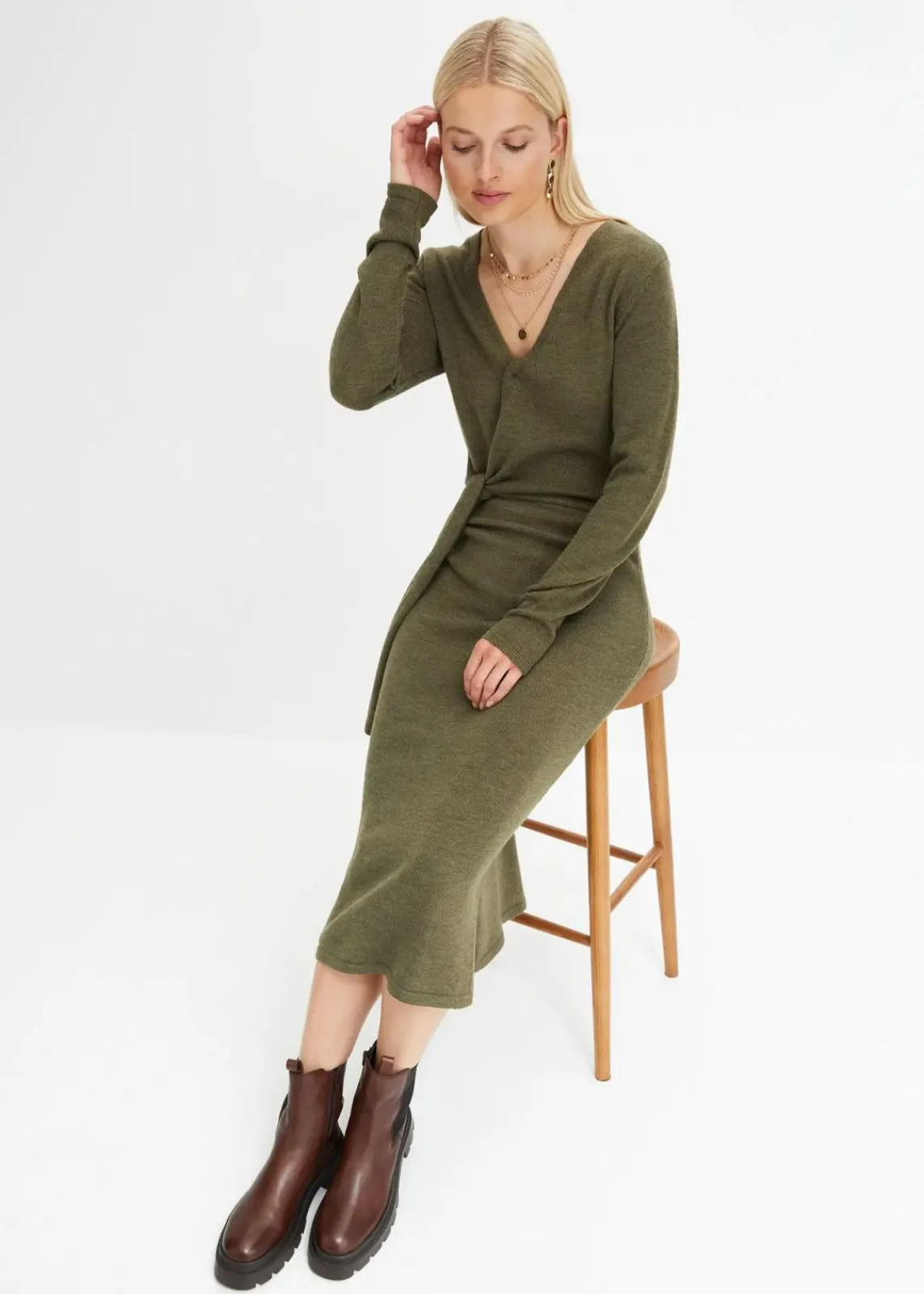 bonprix Bekleidung·Umstandsmode|Bekleidung·Pullover & Strickjacken^Midi-Strickkleid dunkeloliv meliert