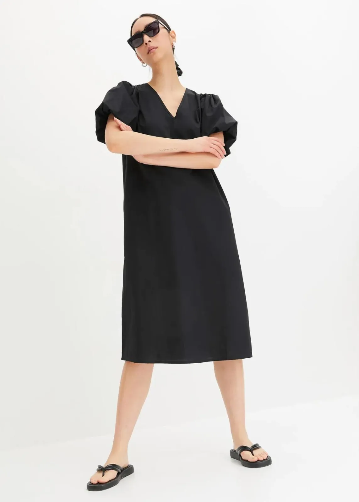 bonprix Bekleidung·Pullover & Strickjacken|Kleider^Midi-Web-Kleid aus Bio-Baumwolle schwarz
