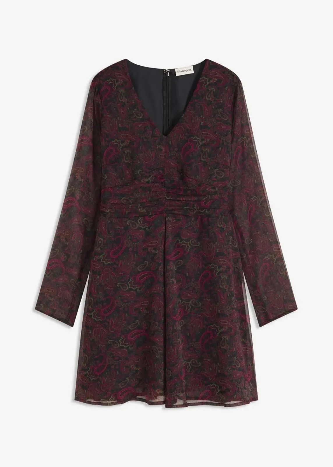 bonprix Kleider|Bekleidung·Pullover & Strickjacken^Minikleid schwarz/weinrot/dunkeloliv/rhododendronrot paisley