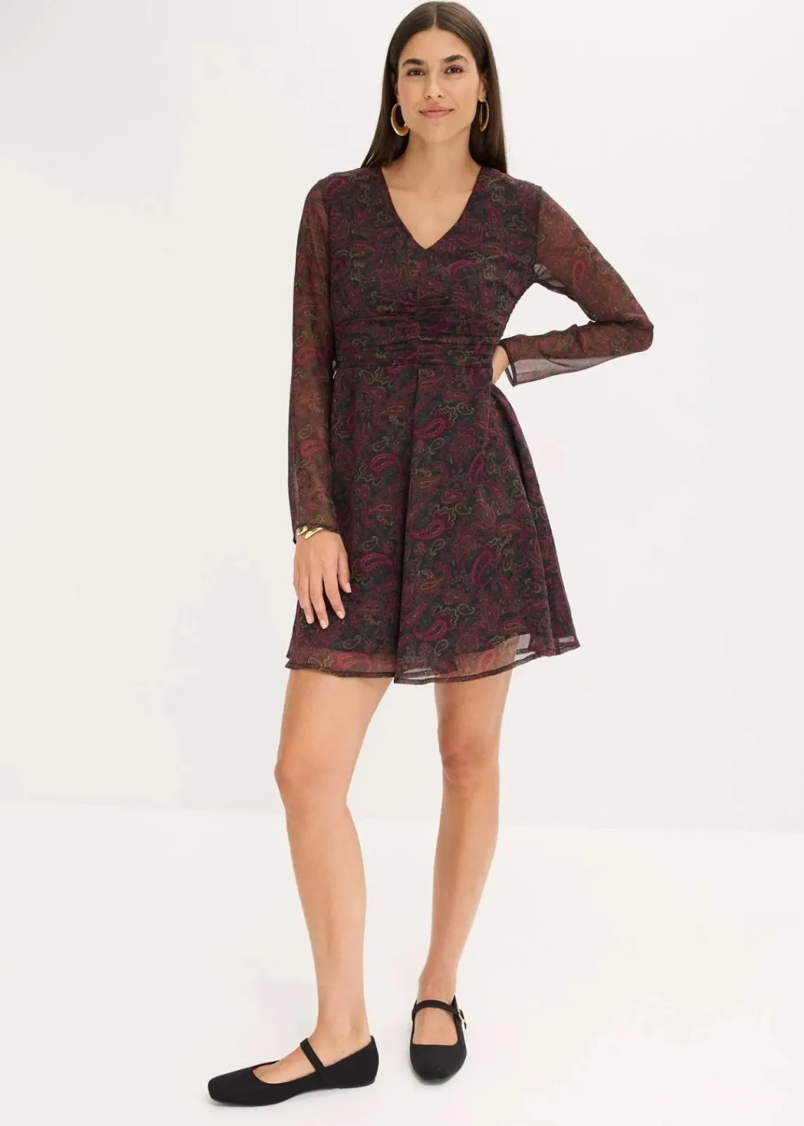 bonprix Kleider|Bekleidung·Pullover & Strickjacken^Minikleid schwarz/weinrot/dunkeloliv/rhododendronrot paisley