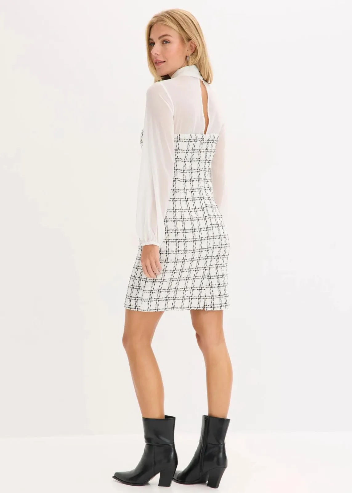 bonprix Bekleidung·Pullover & Strickjacken^Minikleid aus Bouclé mit Chiffon Ärmeln weiß/schwarz kariert