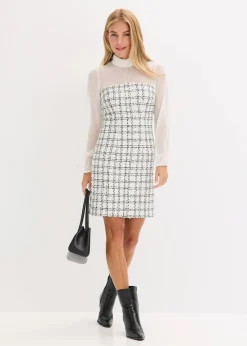 bonprix Bekleidung·Pullover & Strickjacken^Minikleid aus Bouclé mit Chiffon Ärmeln weiß/schwarz kariert