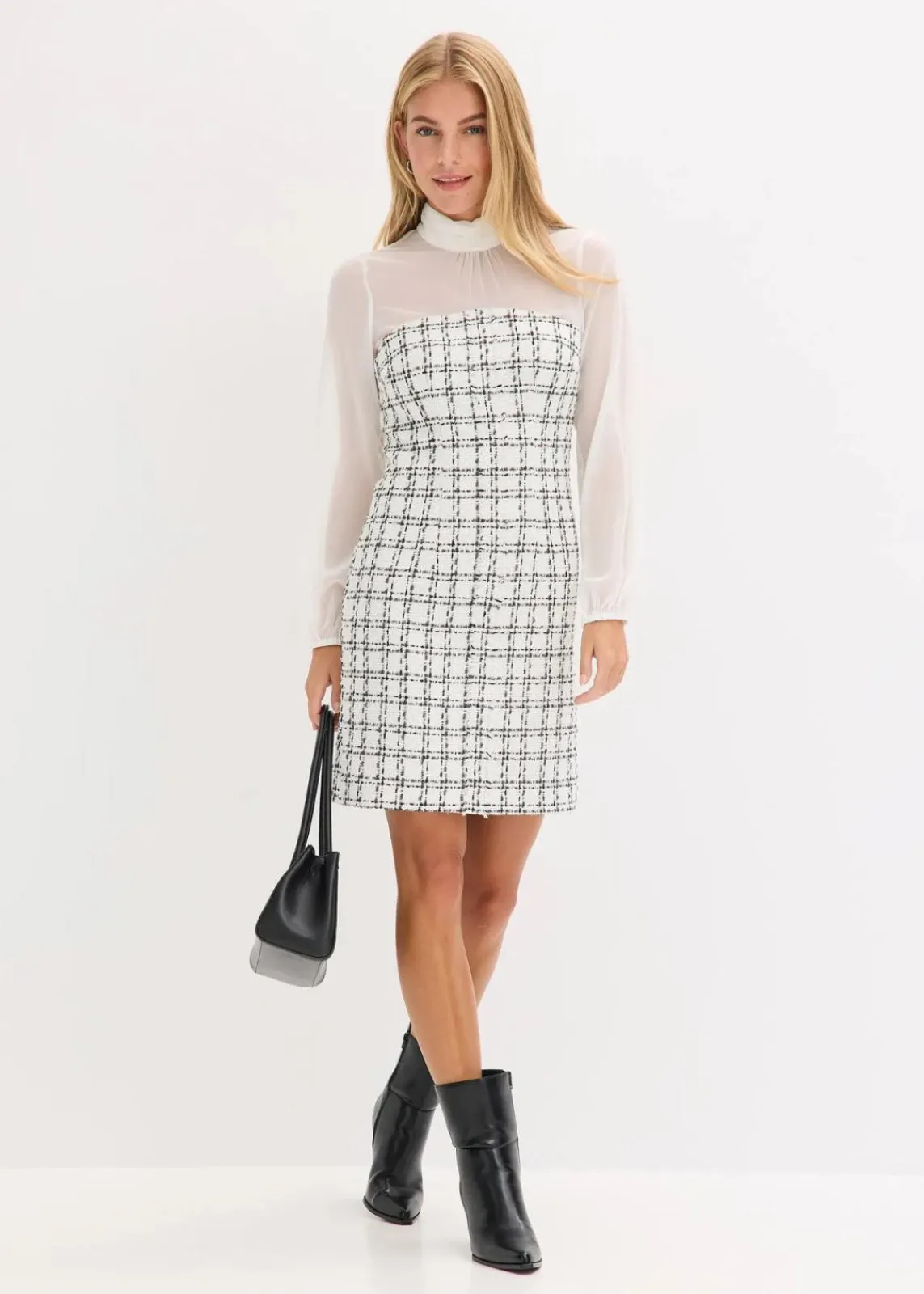 bonprix Bekleidung·Pullover & Strickjacken^Minikleid aus Bouclé mit Chiffon Ärmeln weiß/schwarz kariert