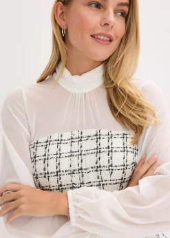 bonprix Bekleidung·Pullover & Strickjacken^Minikleid aus Bouclé mit Chiffon Ärmeln weiß/schwarz kariert