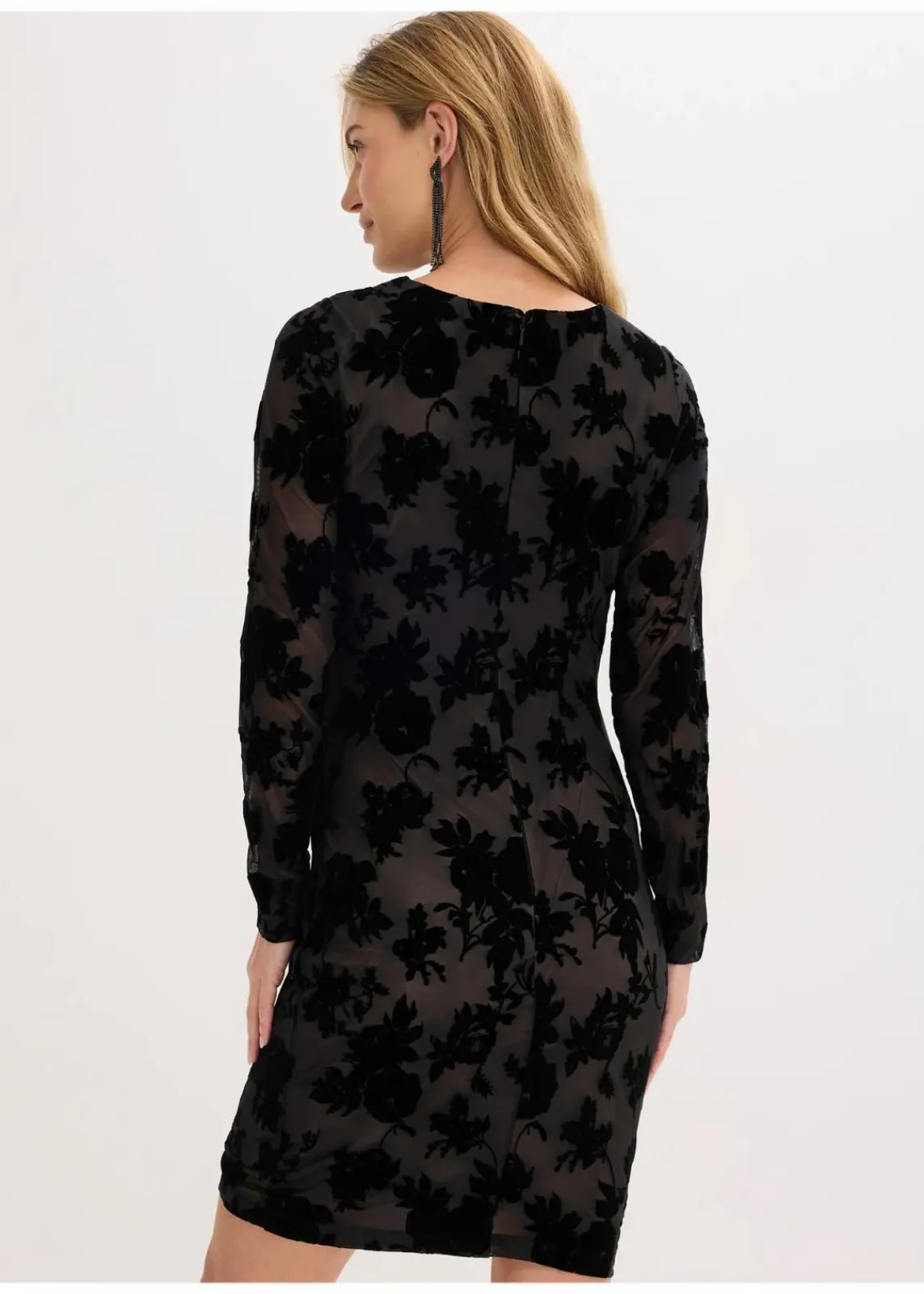 bonprix Bekleidung·Pullover & Strickjacken|Festliche Mode^Minikleid aus feinem Mesh mit Flockprint schwarz/beige floral