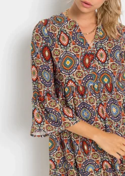 bonprix Bekleidung·Pullover & Strickjacken|Kleider^Minikleid aus fließender Viskose orange / blau / grün / rot / weiss bedruckt