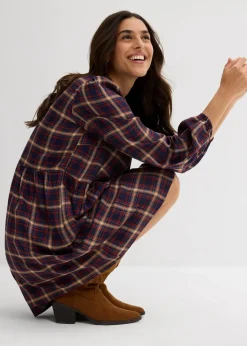 bonprix Bekleidung·Pullover & Strickjacken|Kleider^Minikleid aus softer Viskose dunkelblau/mittelblau/cremebeige/rostbraun/wollweiß kariert