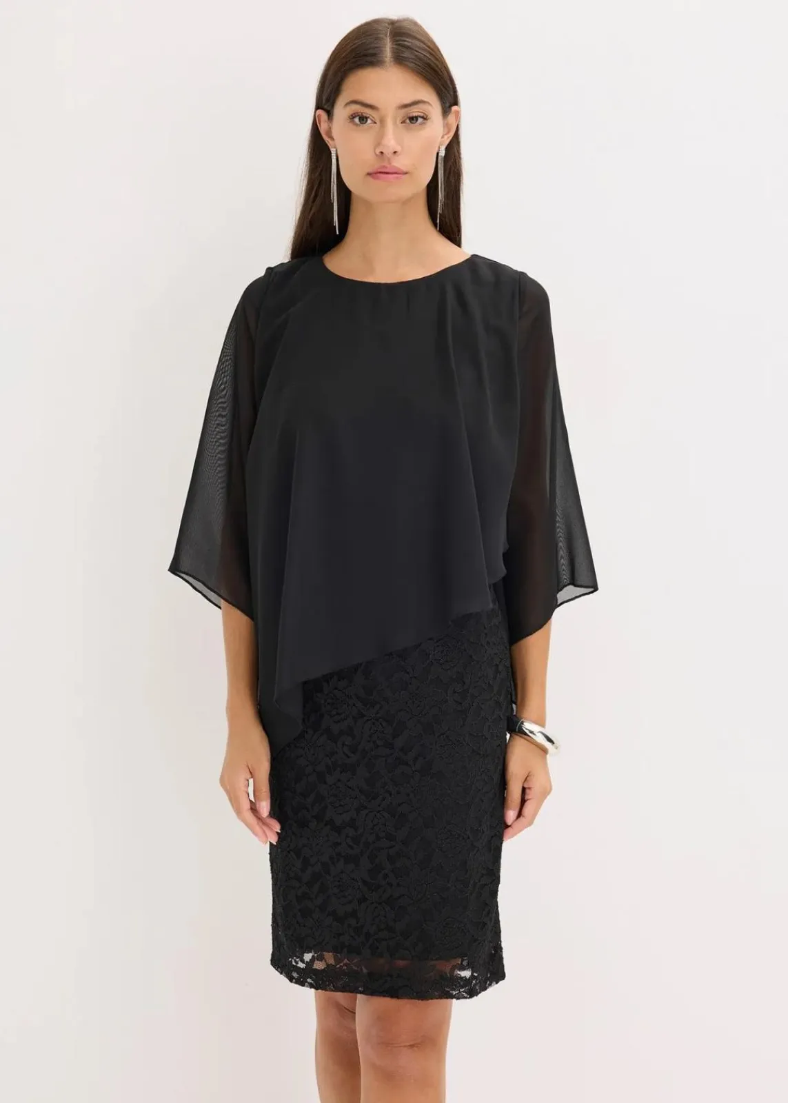 bonprix Bekleidung·Pullover & Strickjacken|Festliche Mode^Minikleid aus Spitze mit Überwurf aus feinem Chiffon schwarz