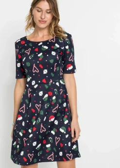 bonprix Bekleidung·Pullover & Strickjacken|Kleider^Minikleid in A-Linie dunkelblau bedruckt