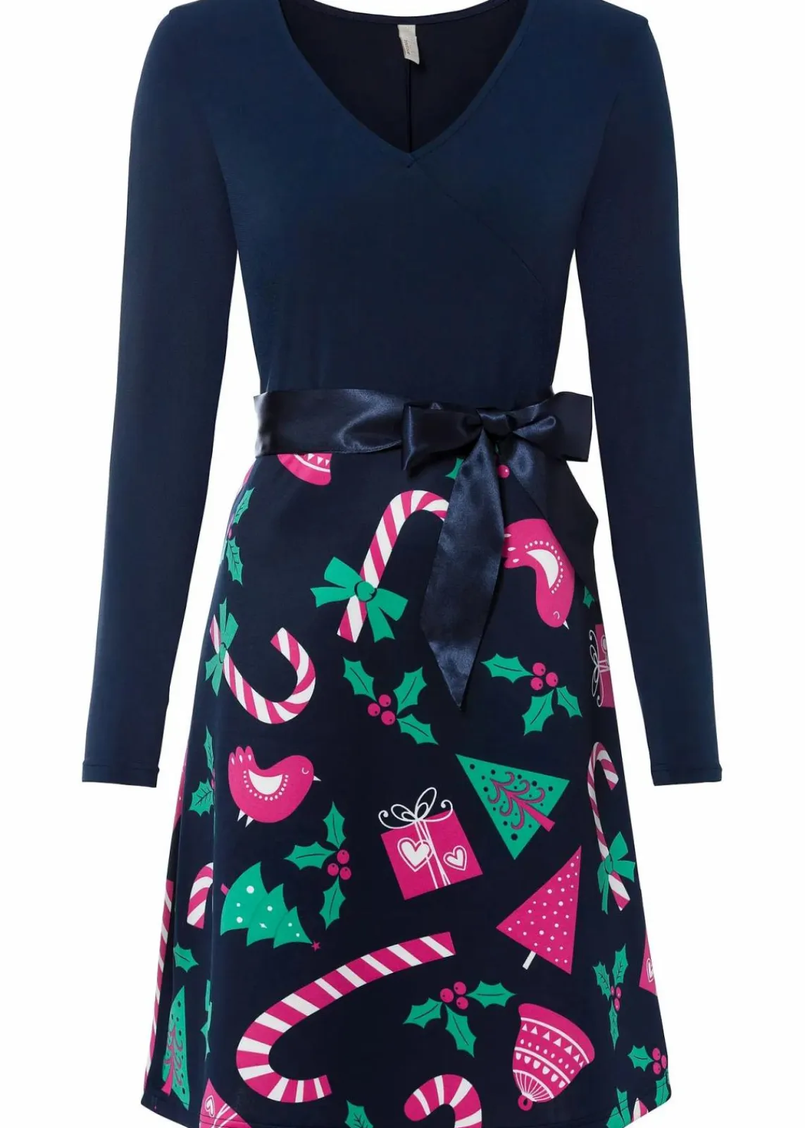 bonprix Bekleidung·Pullover & Strickjacken|Kleider^Minikleid in A-Linie dunkelblau bedruckt