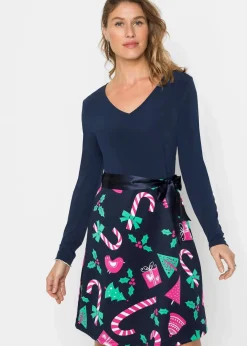 bonprix Bekleidung·Pullover & Strickjacken|Kleider^Minikleid in A-Linie dunkelblau bedruckt