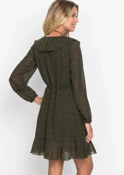 bonprix Bekleidung·Pullover & Strickjacken|Kleider^Minikleid in Wickeloptik dunkeloliv/schwarz gepunktet