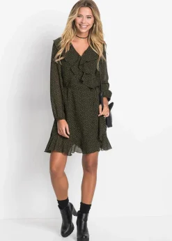 bonprix Bekleidung·Pullover & Strickjacken|Kleider^Minikleid in Wickeloptik dunkeloliv/schwarz gepunktet