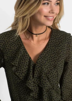 bonprix Bekleidung·Pullover & Strickjacken|Kleider^Minikleid in Wickeloptik dunkeloliv/schwarz gepunktet