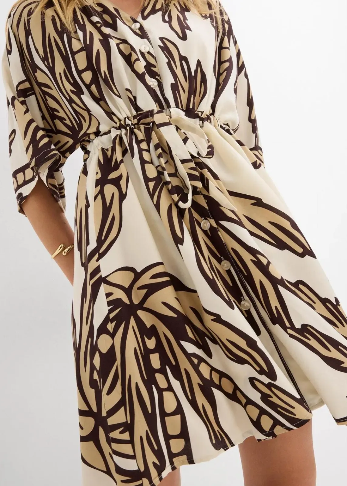 bonprix Bekleidung·Pullover & Strickjacken|Kleider^Minikleid mit Kimono-Ärmeln aus fließender Viskose natur/dunkelbraun/new beige floral