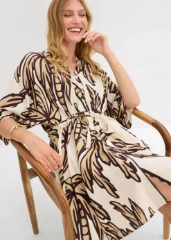 bonprix Bekleidung·Pullover & Strickjacken|Kleider^Minikleid mit Kimono-Ärmeln aus fließender Viskose natur/dunkelbraun/new beige floral