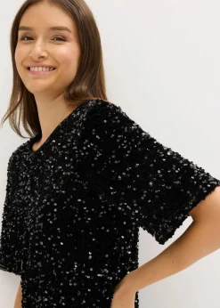 bonprix Bekleidung·Pullover & Strickjacken|Kleider^Minikleid mit Pailletten schwarz