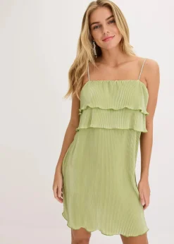 bonprix Kleider^Minikleid mit Plissee und Strass-Trägern schilfgrün