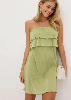 bonprix Kleider^Minikleid mit Plissee und Strass-Trägern schilfgrün