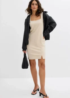 bonprix Bekleidung·Pullover & Strickjacken|Kleider^Minikleid mit Schlitz kieselbeige