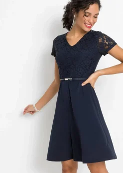bonprix Festliche Mode|Kleider^Minikleid mit Spitze und Gürtel dunkelblau