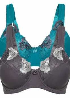 bonprix Wäsche·Große Cups D-H|Wäsche·Bhs^Minimizer-BH mit gepolsterten Trägern (2er Pack) kobalttürkis+grau geblümt