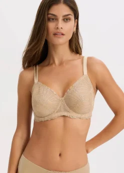 bonprix Wäsche·Große Cups D-H|Wäsche·Bhs^Minimizer-BH mit glitzernder Stickerei saharabeige