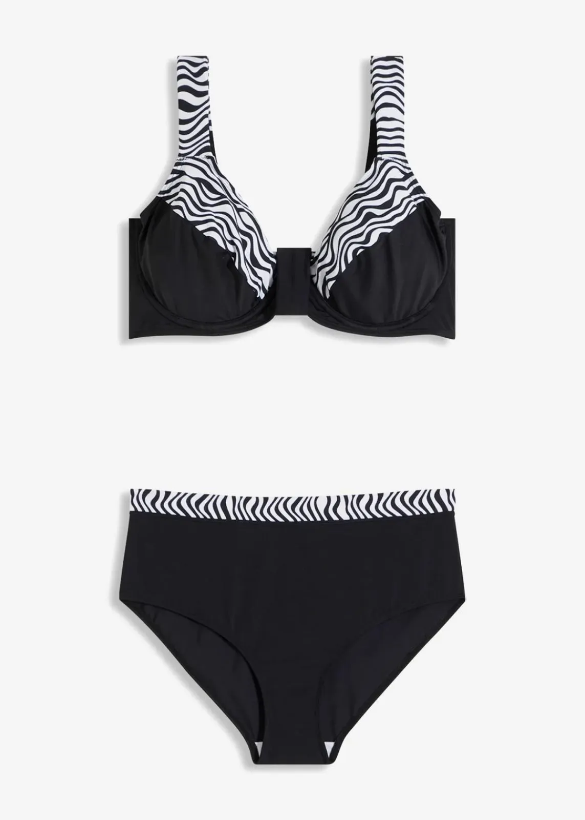 bonprix Große Cups D-F|Nachhaltigere Materialien^Minimizer-Bikini mit gepolsterten Trägern (2-tlg.Set) schwarz/weiß graphisch bedruckt