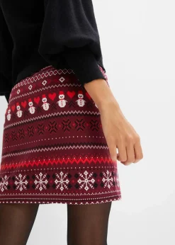 bonprix Bekleidung·Sportbekleidung|Nachhaltigere Materialien^Minirock mit Norwegermuster aus Baumwoll-Elasthan-Mix ahornrot/erdbeere/schwarz/wollweiß norwegermuster