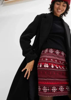 bonprix Bekleidung·Sportbekleidung|Nachhaltigere Materialien^Minirock mit Norwegermuster aus Baumwoll-Elasthan-Mix ahornrot/erdbeere/schwarz/wollweiß norwegermuster