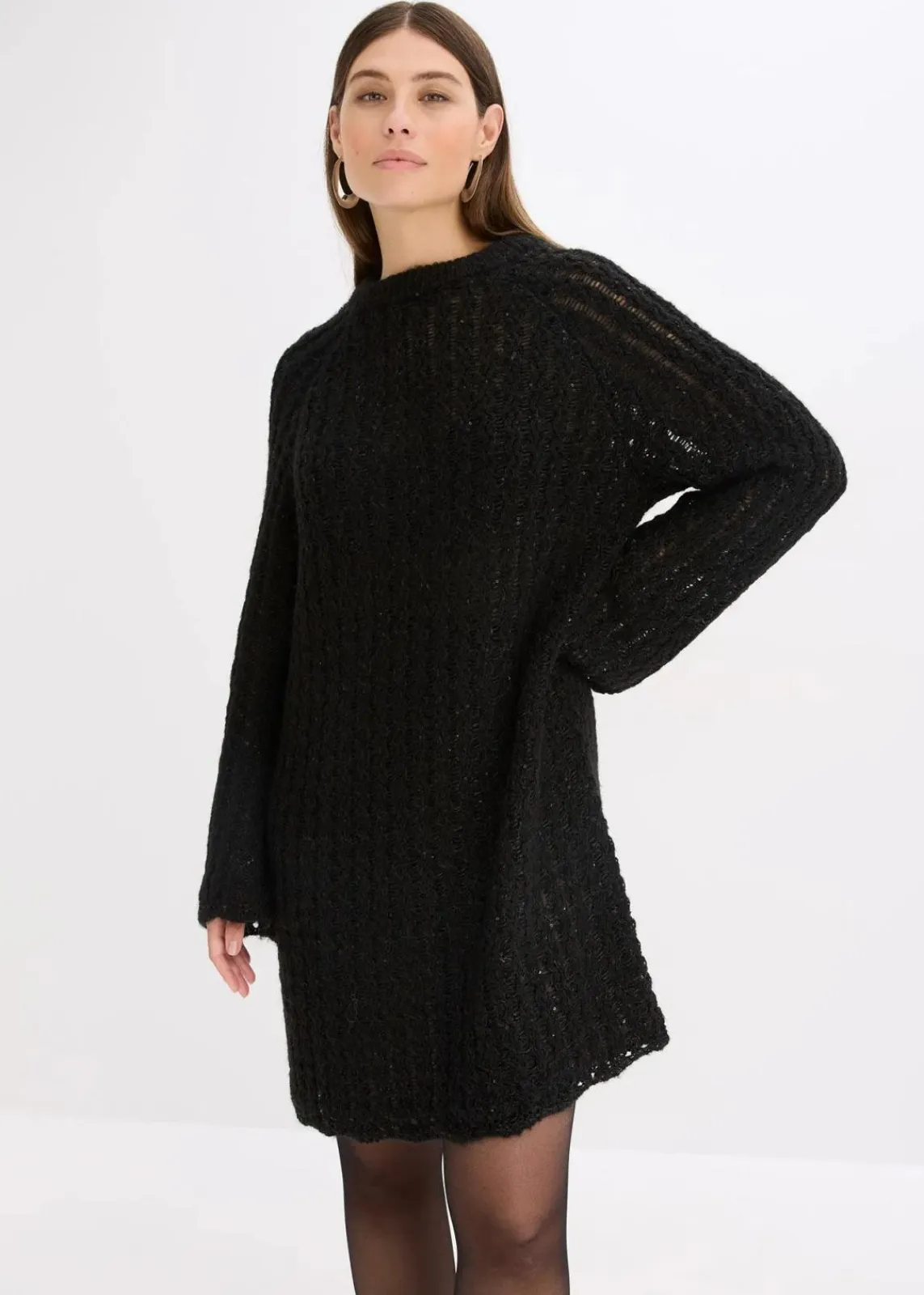 bonprix Bekleidung·Umstandsmode|Strickmode^Mini-Strickkleid mit Satin-Schleife und leichter Transparenz schwarz