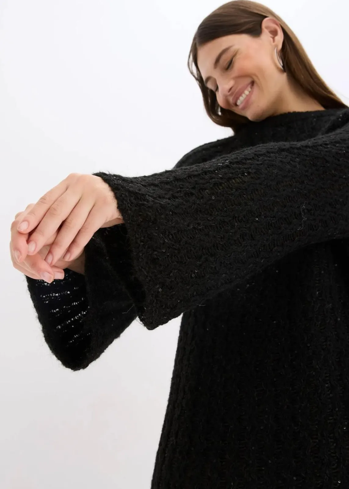 bonprix Bekleidung·Umstandsmode|Strickmode^Mini-Strickkleid mit Satin-Schleife und leichter Transparenz schwarz