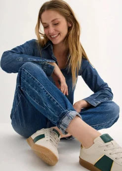 bonprix Bekleidung·Shirts & Tops|Jeans^Mom Jeans High Waist blau denim used