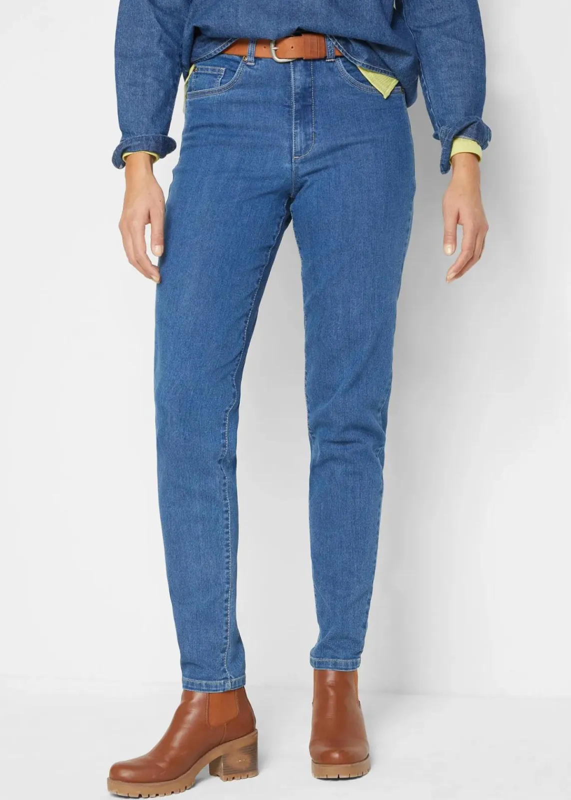 bonprix Bekleidung·Shirts & Tops|Jeans^Mom Jeans High Waist, Stretch blau denim used