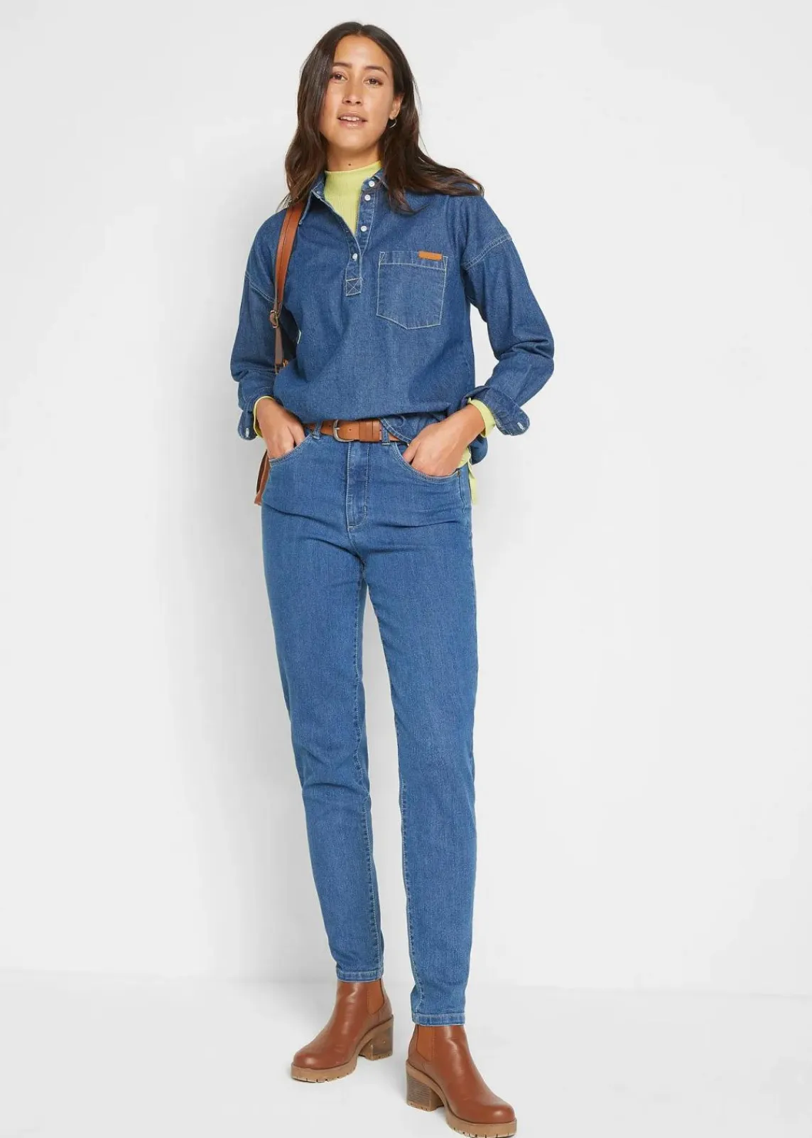 bonprix Bekleidung·Shirts & Tops|Jeans^Mom Jeans High Waist, Stretch blau denim used