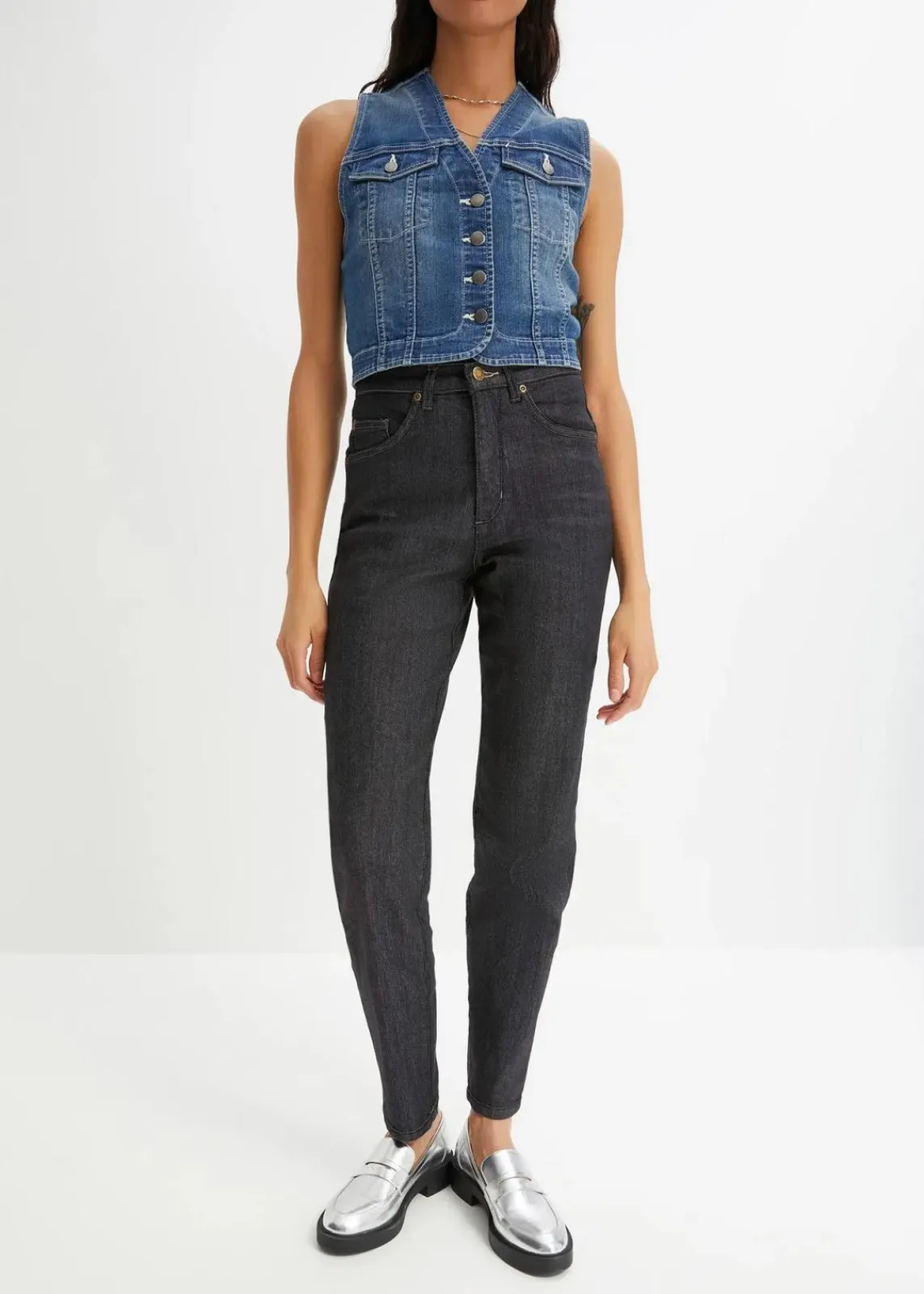 bonprix Jeans|Bekleidung·Shirts & Tops^Mom Jeans High Waist, Stretch schwarz denim used