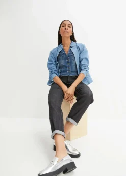 bonprix Jeans|Bekleidung·Shirts & Tops^Mom Jeans High Waist, Stretch schwarz denim used