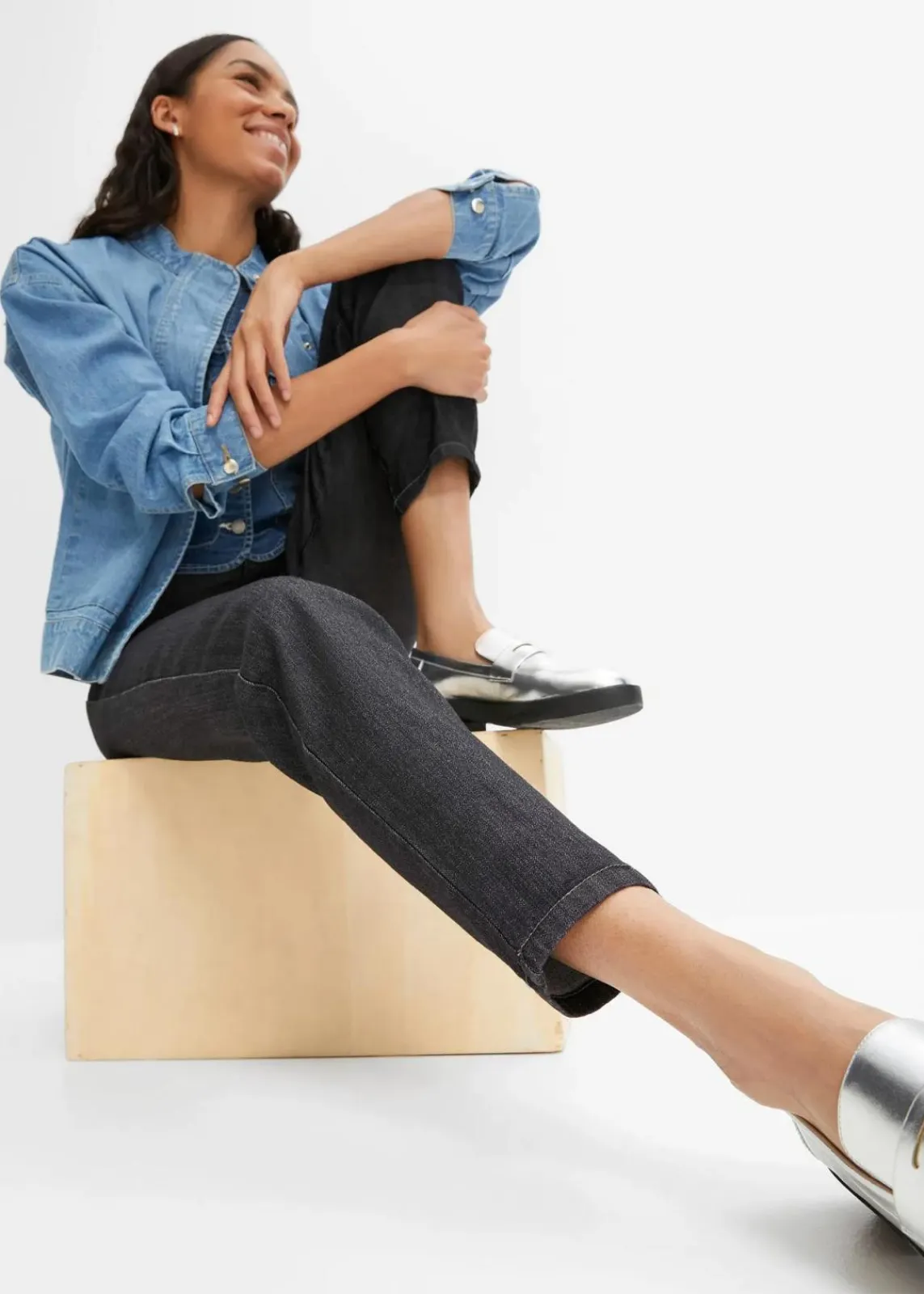 bonprix Jeans|Bekleidung·Shirts & Tops^Mom Jeans High Waist, Stretch schwarz denim used
