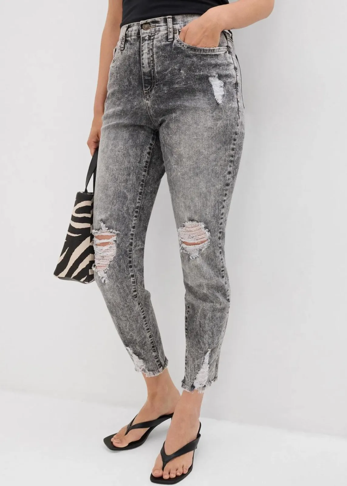 bonprix Jeans|Bekleidung·Shirts & Tops^Mom-Jeans High Waist mit Destroy-Effekten grau denim used