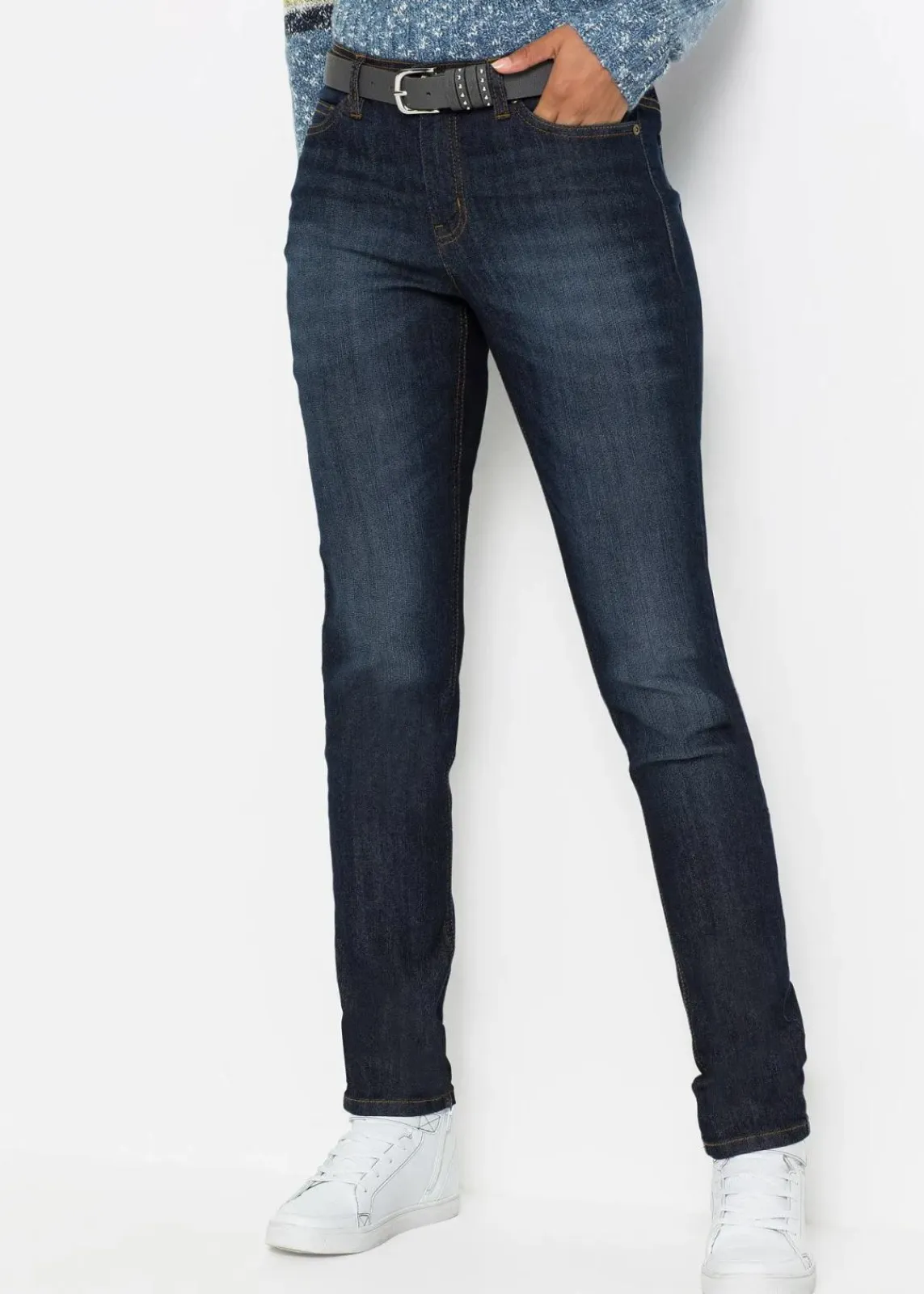 bonprix Jeans|Kurzgrößen^Mom-Jeans Mid Waist, Komfort-Stretch dunkelblau used