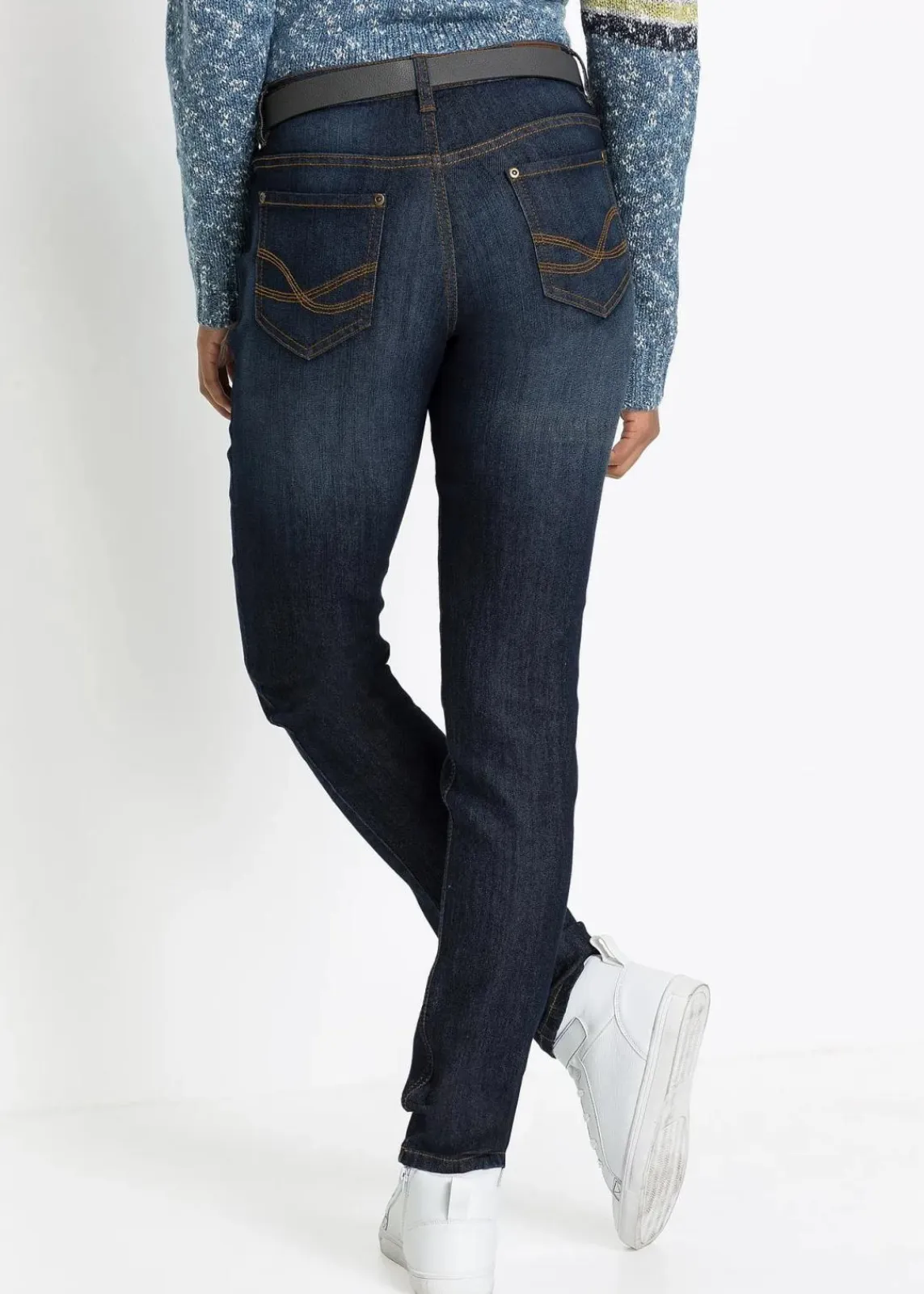 bonprix Jeans|Kurzgrößen^Mom-Jeans Mid Waist, Komfort-Stretch dunkelblau used