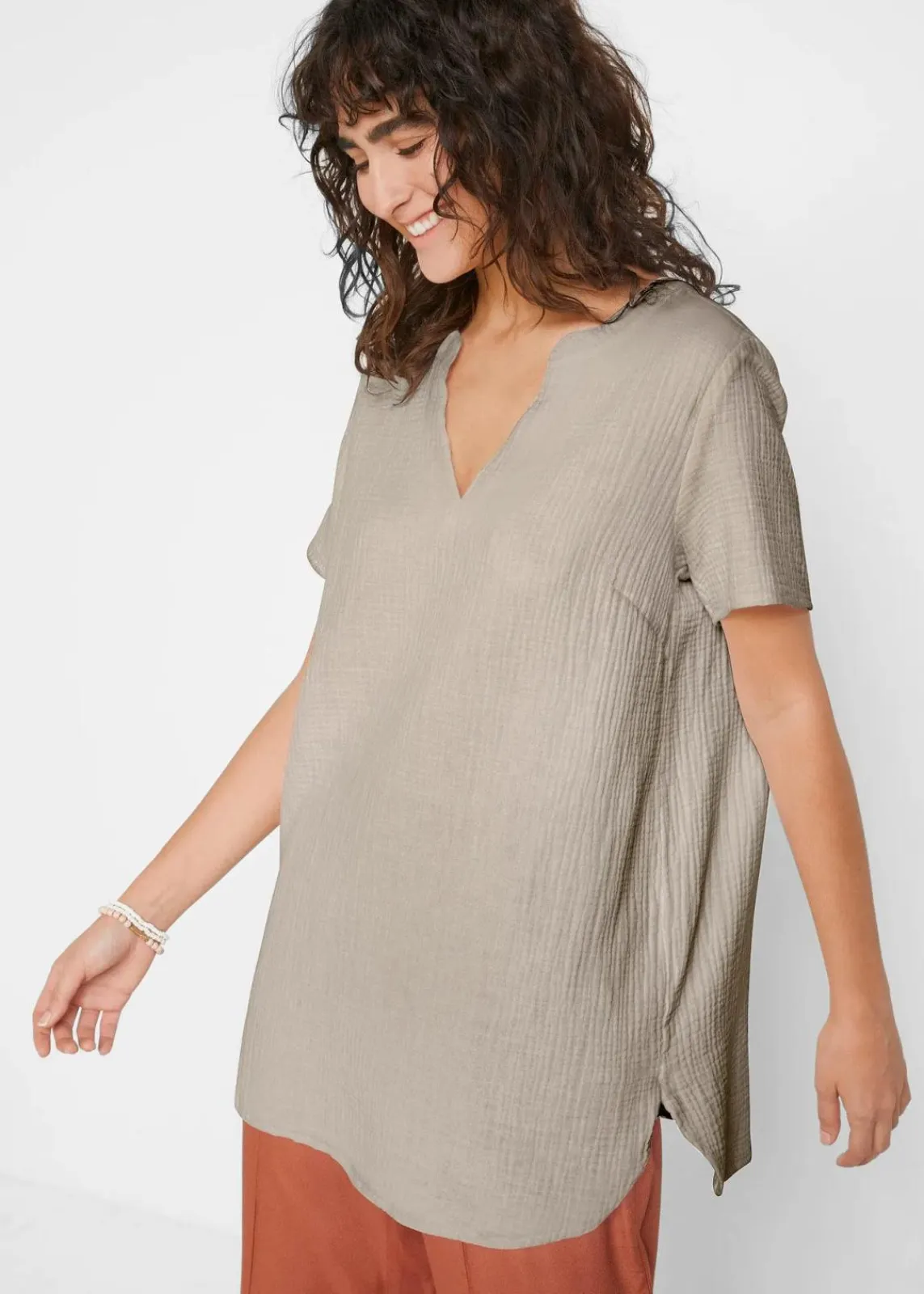 bonprix Blusen & Tuniken|Bekleidung·Jacken & Mäntel^Musselin Long-Tunika aus reiner Baumwolle steingrau