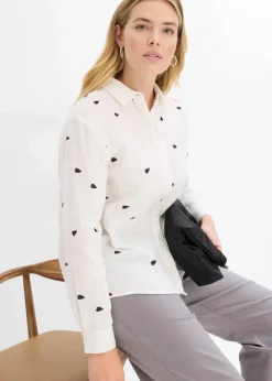 bonprix Blusen & Tuniken|Bekleidung·Jacken & Mäntel^Musselin-Bluse mit Herzen weiß/schwarz bedruckt