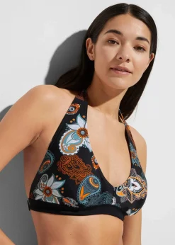 bonprix Nachhaltigere Materialien|Mix & Match^Neckholder-Bikinioberteil mit tiefem Ausschnitt schwarz/orange bedruckt